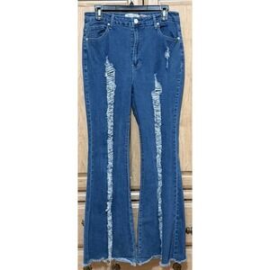 Denim Los Angeles High Waisted Flare Distressed Jeans Large Stretch Frayed Hem